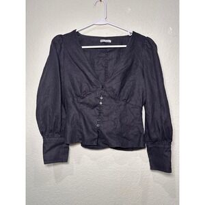 Reformation Black Linen Puff Sleeve V Neck Button Front Blouse Size 6‎
